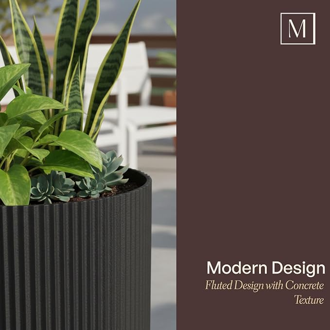 Mayne Haven Set of 3 (10in, 12in, and 14in) Fluted Planter, Round Planters for Outdoor Plants, Lightweight Concrete Look Plant Pots for Porch, Patio, Garden and Entryway Décor, Black