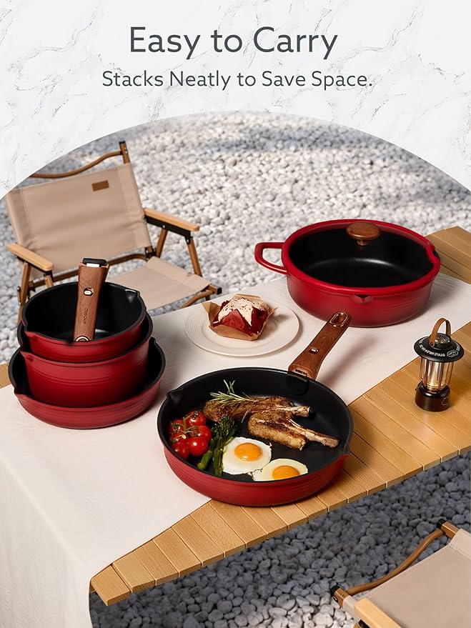 CAROTE 20Pcs Titanium Cookware Set, Pots and Pans Set Non Stick, Kitchen Cooking Set with Detachable Handle, Non Toxic Induction Cookware - Camping Cookware, Dishwasher/Oven Safe, Red