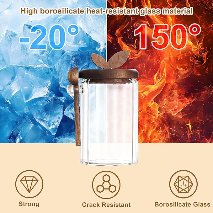 holoith 2 Pack Sugar Bowl Sugar Container 27oz Glass Jars with Bamboo Lid and Spoon, Airtight Food Storage Jar for Coffee Bar, Kitchen Canisters for Coffee Beans, Spice, Brown Sugars, Nuts, Candy