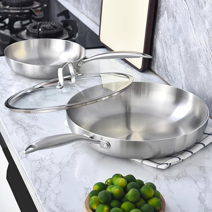 LOLYKITCH 8-12 Inch Tri-ply Stainless Steel Frying Pans Set with a Lid,Skillets,Induction Cooking Pans,Dishwasher and Oven Safe, Detachable Handle