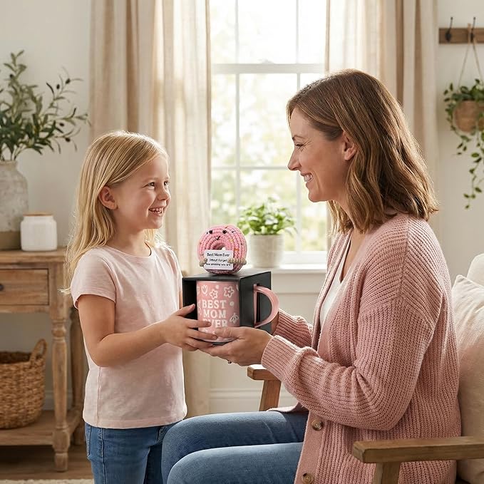 Mothers Day Gifts, Best Mom Ever Gifts for Mom from Daughter, Pink Floral Embossed Pattern Mother's Day Mug and Handmade Donut Crochet Gifts Set
