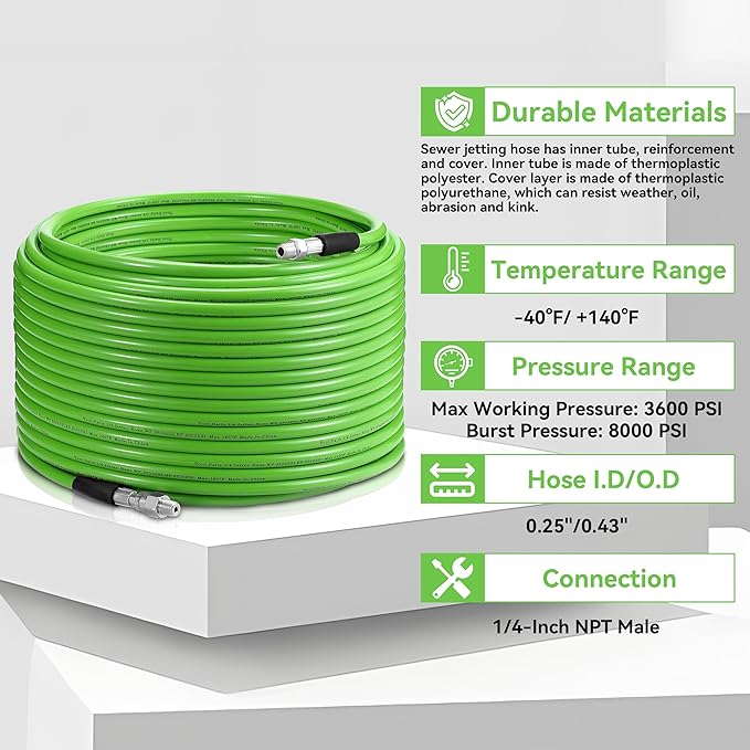 Tool Daily Sewer Jetter Kit for Pressure Washer 100 FT, Short Power Washer Gun, Drain Cleaner Hose 1/4 Inch NPT, Corner, Rotating and Button Nose Sewer Jetting Nozzle, 3600 PSI