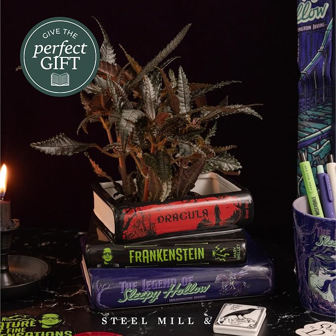Steel Mill & Co. Ceramic Stacked Books Planter, Gothic Stories | Ceramic Plant Pot with Drainage Hole & Removable Stopper, Literary Decor, Frankenstein, Dracula, & Sleepy Hollow
