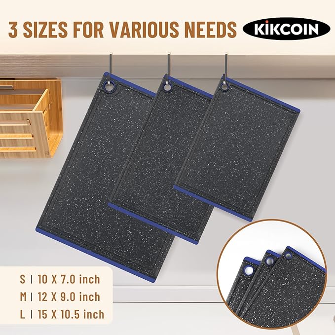 Kikcoin Plastic Cutting Boards for Kitchen, 3-Piece Large Cutting Board Set Dishwasher Safe Chopping Boards with Non-slip Feet and Juice Grooves, Blue