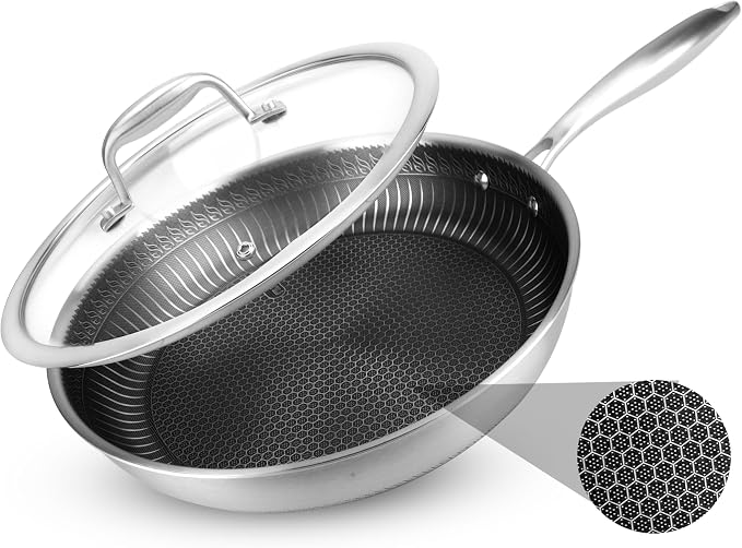 NutriChef 12" Stainless Steel Frying Pan with Lid- Triply Hybrid Large Skillet, Scratch-resistant Raised-up Honeycomb Fire Textured Pattern, Oven & DIshwasher Safe, NC3PL12