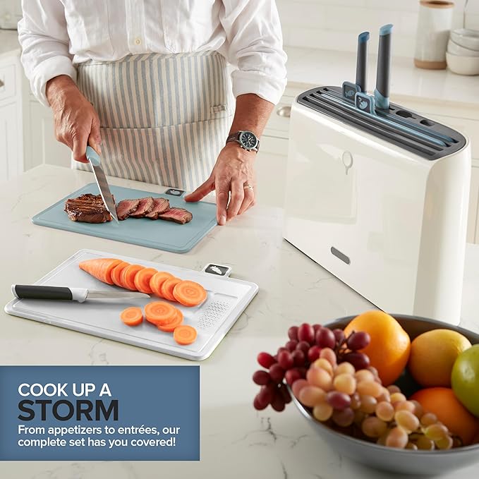 Modern Innovations Smart Cutting Board and Knife Set, Blue Self Cleaning Cutting Board & Knives Holder, Color Coded Set With Knives, All-In-One Cleaning System