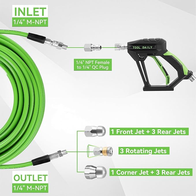 Tool Daily Sewer Jetter Kit for Pressure Washer 200 FT, Short Power Washer Gun, Drain Cleaner Hose 1/4 Inch NPT, Corner, Rotating and Button Nose Sewer Jet Nozzle, 3600 PSI
