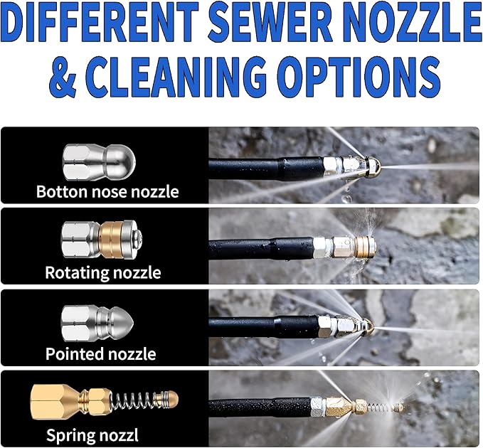 Selkie Pressure Washer Sewer Jetter Kit - 100Ft X1/4" Hydro Drain Jetter Cleaner Hose, Corner, Rotating and Button Nose Sewer Jetting Nozzle Waterproof Tape,Orifice 4.0 4.5,1/4 Inch NPT,5800 PSI