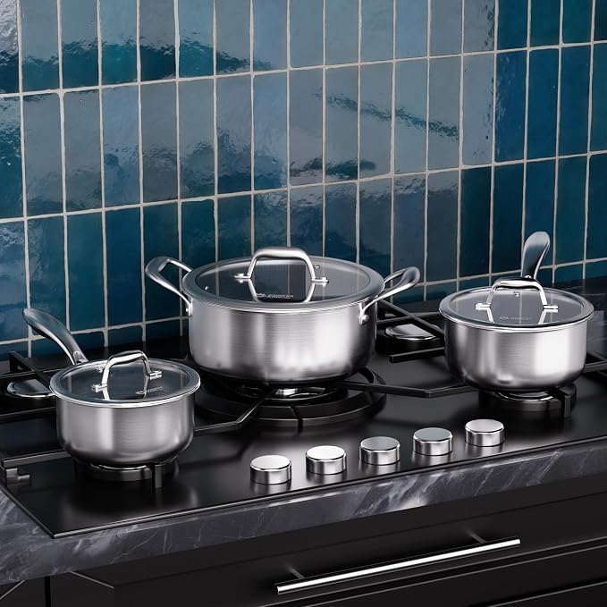 COOKER KING Hybrid Stainless Steel Pot Set, 1.5 & 2 & 5QT Pots with Lids | 6PCS, Non Stick, Non Toxic, Stay-Cool Handles, Induction Compatible, Oven and Dishwasher Safe