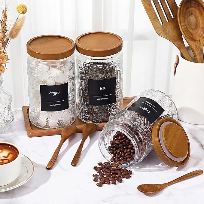 3 Pcs Glass Coffee Container Set with Wooden Lid Spoon Shelf Labels Clear Sugar Tea Airtight Jar Food Storage Canisters Set for Spice Holder Coffee Bar Gifts(Sunflower,32 oz)