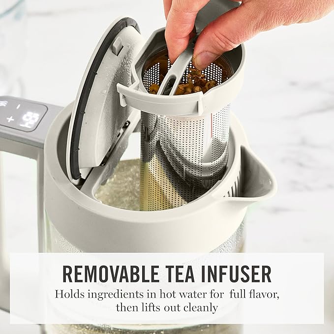 Martha Stewart Electric Kettle with Removable Stainless Steel Tea Infuser, Glass Carafe 1.7L (7 Cups), Hot Water Boiler, 4 Presets, Keep Warm & Auto Shut-Off, Cordless 360° Swivel Base, Linen White