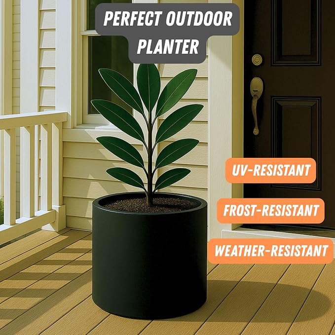 Fox & Fern Large Indoor Planter, Modern Large Plant Pot for Indoor or Outdoor, UV and Frost Resistant - 14.6 Inch, Matte Black Flower Pot with Drainage Plug, Lightweight