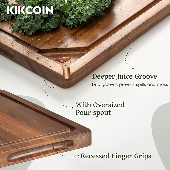 Kikcoin Acacia Wood Cutting Boards for Kitchen, 3 PCS Wooden Cutting Board Set with Holder, Chopping Board with Compartments and Juice Groove, Solid Charcuterie Boards Serving Tray Wood Butcher Block