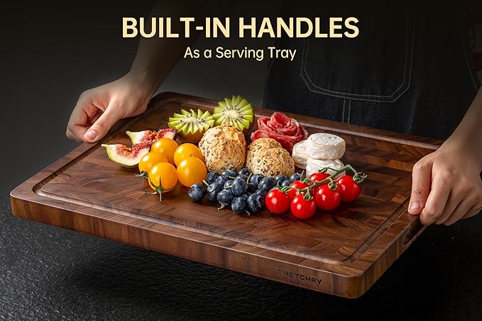 THETCHRY Walnut Cutting Boards for Kitchen, End Grain Wooden Cutting Board, Large Chopping Board Double Sided with Handle, Thick Butcher Block Charcuterie Meal Prep & Serving with Gift Box, 17"×13"×1"