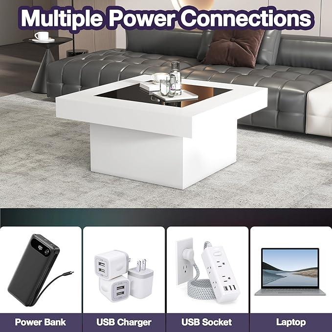 FKWin Modern Coffee Table for Living Room - 31" Endless Depth Mirror Center Table with LED Lights, Unique Square Coffee Table with Tempered Glass-Top, White