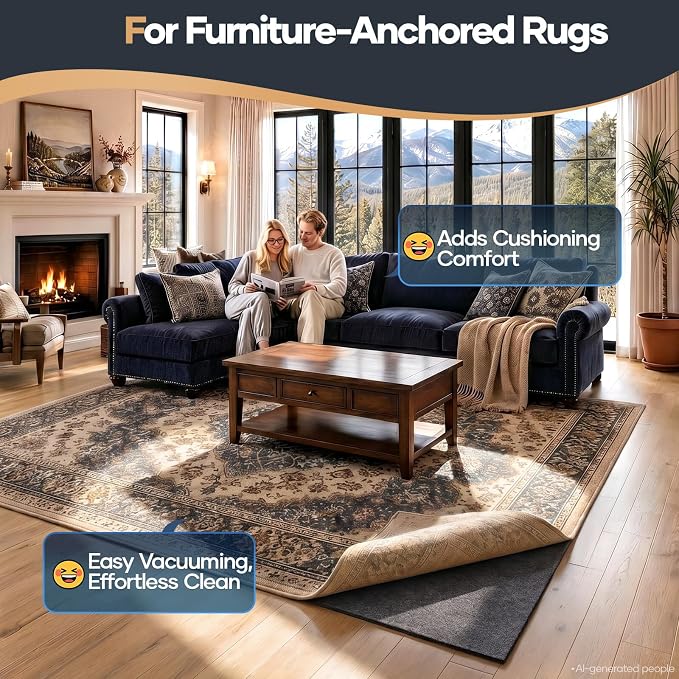 Veken Felt Cushioned Rug Pad 9 x 12 Ft, 1/2 Inch Thick, Dense Needle-Punched Carpet Underlay for Area Rugs, Protector Mat for All Hard Floors Including Hardwoods, Adds Comfort Underfoot