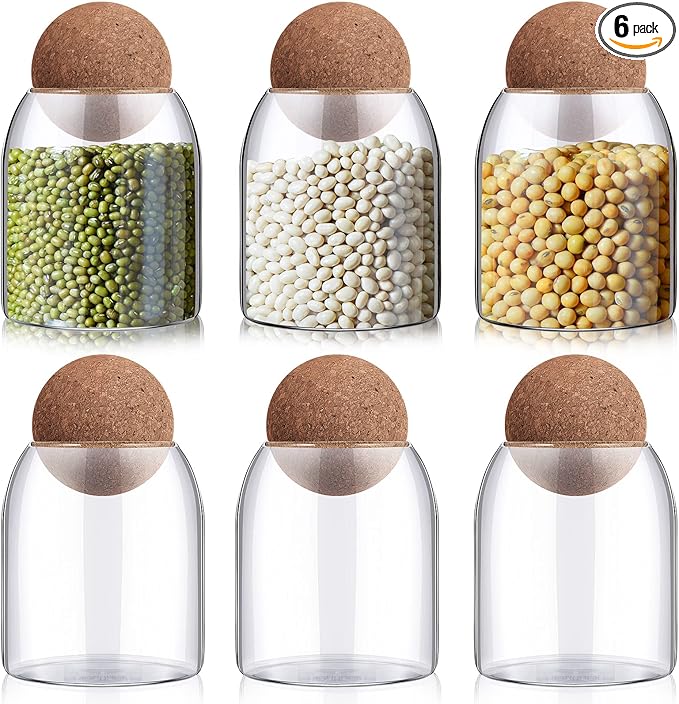 Suclain 6 Pcs Glass Jars with Cork Ball Lid Farmhouse Kitchen Canisters Coffee Bar Countertop Container Rustic Storage Jars for Bean Nut Sugar Coffee Tea Organizer Housewarming Gift (17 oz)