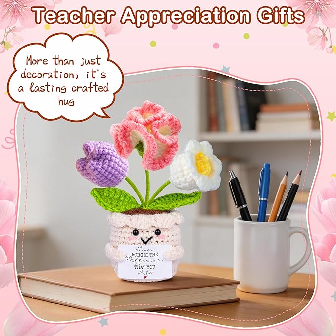 Teacher Appreciation Gifts, Thank You Teacher Gifts, Graduation Birthday Retirement Gift for Teachers Mentor Coworker Boss, Cute Handmade Crochet Carnations 3 Flowers Pot Doll Teacher's Day Bulk Gift