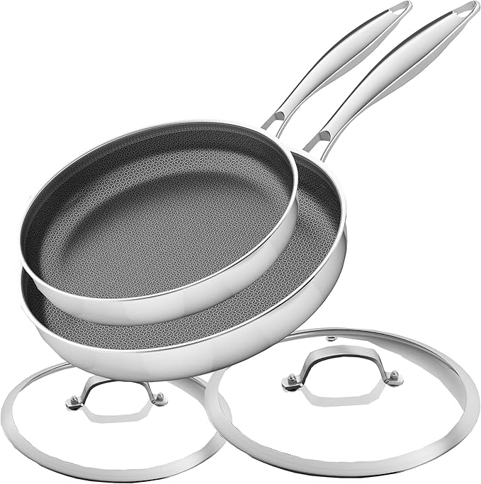LOLYKITCH Frying Pan Set Nonstick10/12 Inch Stainless Steel Skillet with Detachable Handle and Glass Lids, Induction & Oven Safe, Professional Non-Toxic PFOA Free Pans for Everyday Cooking