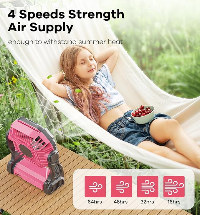 DOWILLDO 30000mAh Portable Battery Powered Camping Fan - with LED Light, Quiet Battery Operated, Camping Gear for Travel, Tent, Beach, Car or Hurricane Power Outages, Pink