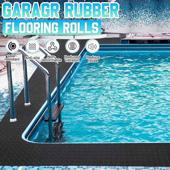 Breling 16 in x 10 ft Rubber Flooring Rolls Mats, Heavy Duty Diamond Plate Coin Plate Garage Floor Mat, PVC Water/Stain Outside Resistant Parking Rv Trailer Flooring
