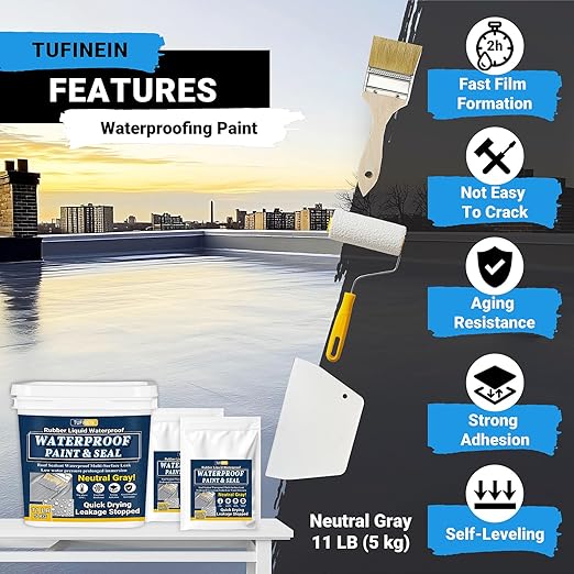 Rubber Liquid Waterproof Sealant, TUFINEIN 11 LB/5 KG Neutral Gray Quick Drying Multi Surface Foundation Leak Repair - Roof Gutters Basement Sealer Waterproof - Indoor & Outdoor Flexible Rubber Paint
