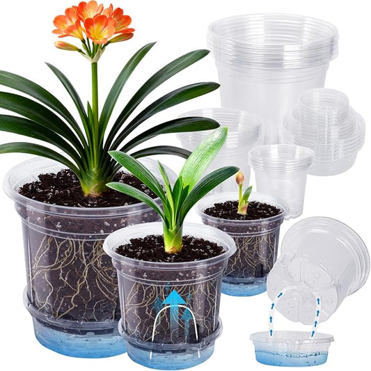 MIXC 18 Packs 6.5/5/4 Inch Self Watering Pots for Indoor Plants - Clear Nursery Plant Pots with Drainage, Deep Visible Reservoir - Flower Planter Outdoor with Wicking Rope