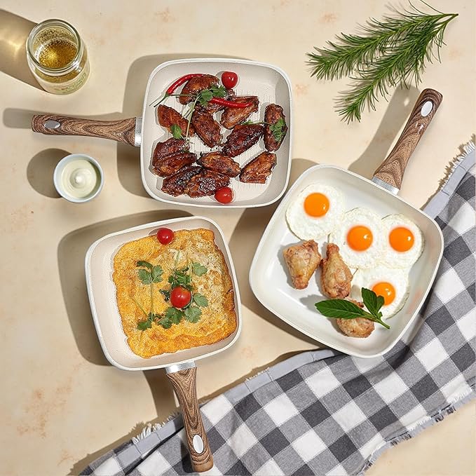 DUMOS 3 Pcs Grill Pans Set, Nonstick Square Frying Pan Skillet Set with Stay Cool Handle & PFOA Free, Compatible with All Stovetops (9.5" 10" 11") Beige