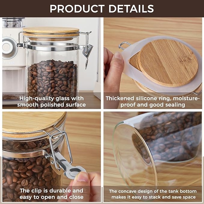 VZZNN 2 Pack 40.5oz Coffee Bean Storage Container with Airtight Bamboo Lids Glass Airtight Coffee Canister with Scoop Storage Container for Grounds Tea Cereal Sugar