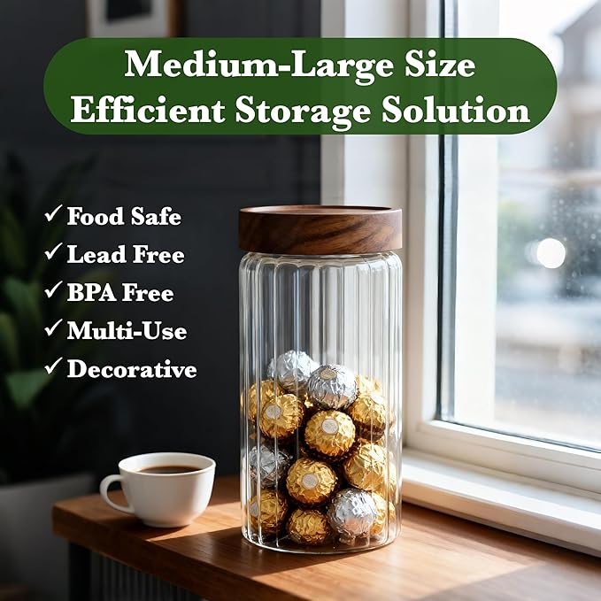 Decorative Borosilicate Glass Jar with Screw Top Airtight Wooden Lid, 40 oz/1200ml Leak Resistant Food Storage Canister, Wide Mouth Container for Cereal Coffee Cookie Candy Overnight Oats Sourdough