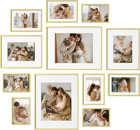 eletecpro Aluminum Gallery Wall Frame Set of 12 with Glass Cover, Gold | Including 2Pcs 11x14, 2Pcs 8x10, 4Pcs 5x7, 4Pcs 4x6 Photo Frames, Multiple Sizes Picture Frames Collage Wall Decor, Tabletop