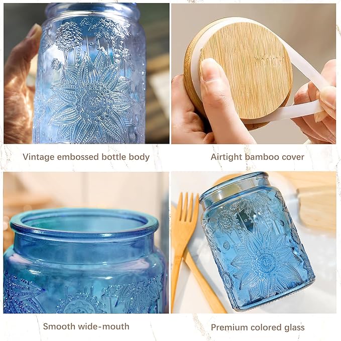 Custde Blue Vintage Glass Candy Jar with Airtight Bamboo Lid, 23.7oz Kitchen Storage Canister for Sugar, Coffee, Tea, Cookies, Bath Salt - Decorative Mason Jar for Pantry & Counter(Blue, 23.7 fl oz)