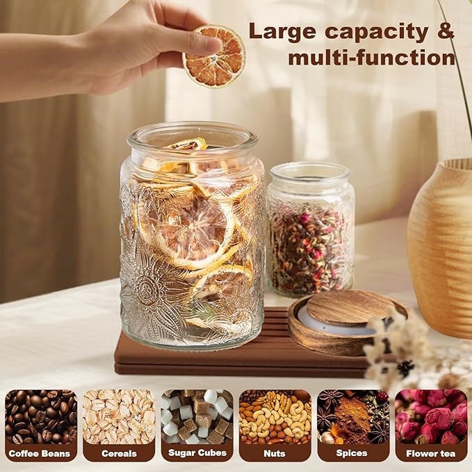 24Oz/3Pcs Glass Jar with Lid,Decorative Jar,Cute jar,Glass Canister,Vintage Glass Storage Jar for Sugar, Coffee, Tea, Spice, Flour, Candy Cookie, Pasta, Cereal