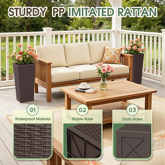 24 Inch Tall Plastic Planters (Set of 2), Detachable Inner Pot & Drainage Holes, Outdoor Decorative Flower Pots for Large Plants, Trees, Patio, and Garden, Brown