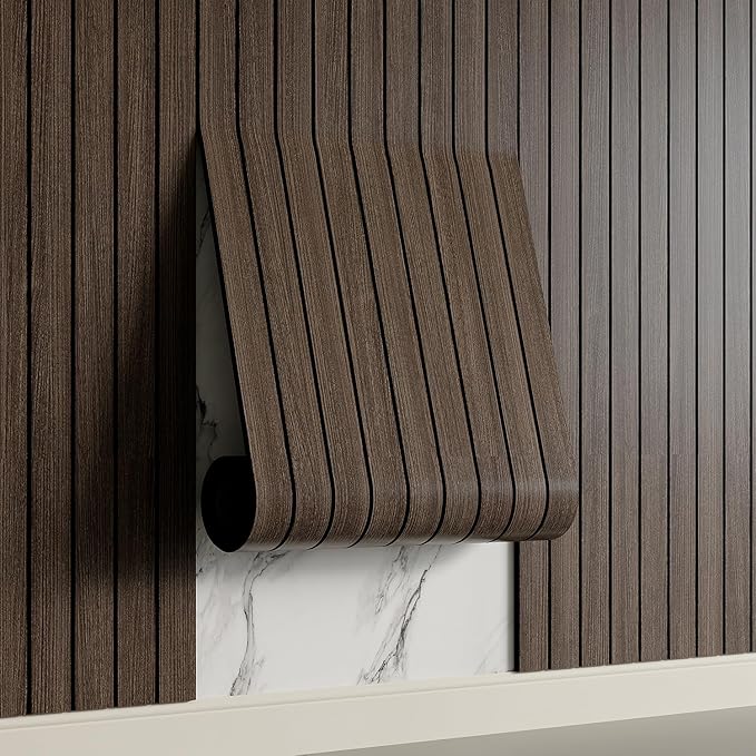 Yutianli PVC Slat Wall Panel Peel and Stick 236"x 15.7" Faux Wood Slat Panel Artificial Smoked Wood Grain Self-Adhesive Soundproof 3D Wall Panel for Walls and Ceilings