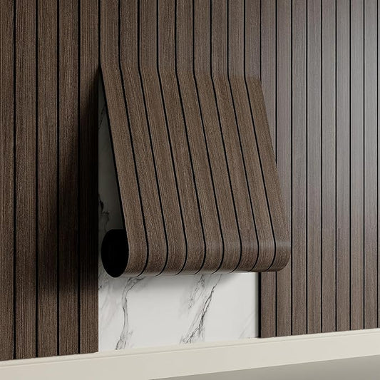 Yutianli PVC Slat Wall Panel Peel and Stick 118"x 15.7" Faux Wood Slat Panel Artificial Smoked Wood Grain Self-Adhesive Soundproof 3D Wall Panel for Walls and Ceilings