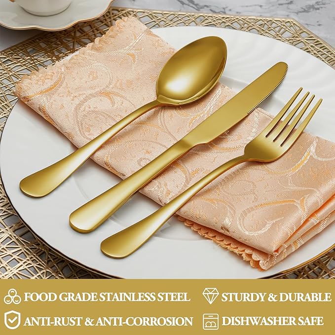 MUTNITT 60 Pcs Gold Silverware Set Service for 12, Premium Stainless Steel Flatware Set, Cutlery Utensil Set, Durable Home Kitchen Eating Tableware Set, Include Fork Knife Spoon Set, Dishwasher Safe