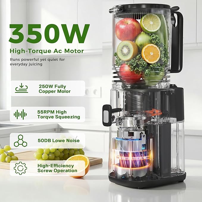 Cold Press Juicer, 5.5inch Wide Feed Chute Juicer Machine, Slow Masticating Juicer for Whole Vegetables & Fruits, Gray