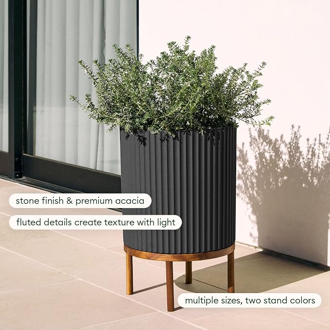 Veradek Demi Series Round Planter w/Stand for Porch/Patio | Durable Plastic-Stone Composite & Wooden Stand | Modern Décor for Tall Plants, Flowers