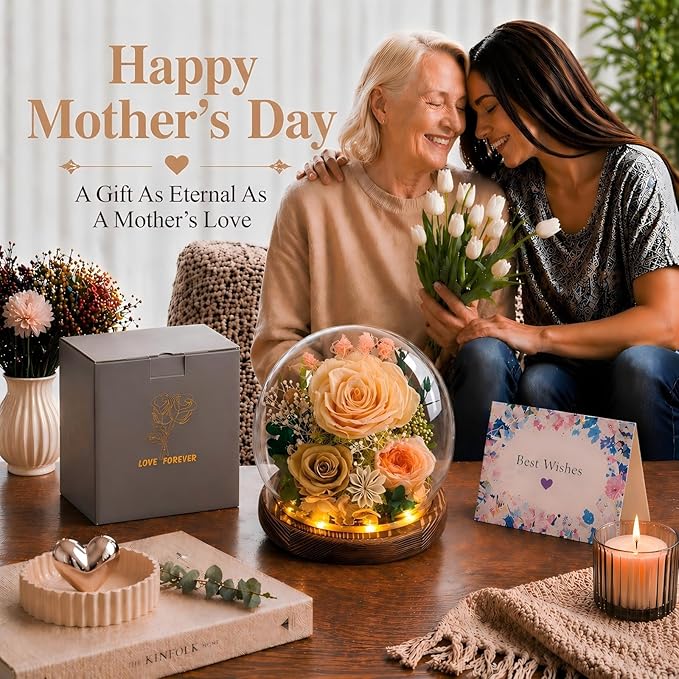 FIACO Gifts for Mom Birthday Gifts for Women Preserved Flowers in Glass Dome Forever Flowers for Delivery Prime Eternal Roses for Grandma Sister Daughter Wife Her Girlfriend, Yellow