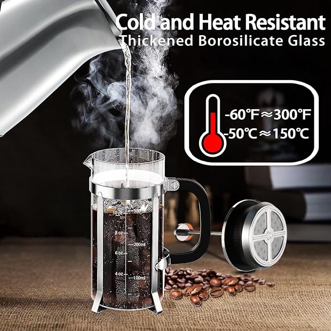 YMMIND French Press Coffee Maker 304 Stainless Steel Coffee Press,with 4 Filters System, Heat Resistant Thickness Borosilicate French Press Glass, BPA-Free Brewed Tea Pot Coffee Plunger(Copper 12oz)