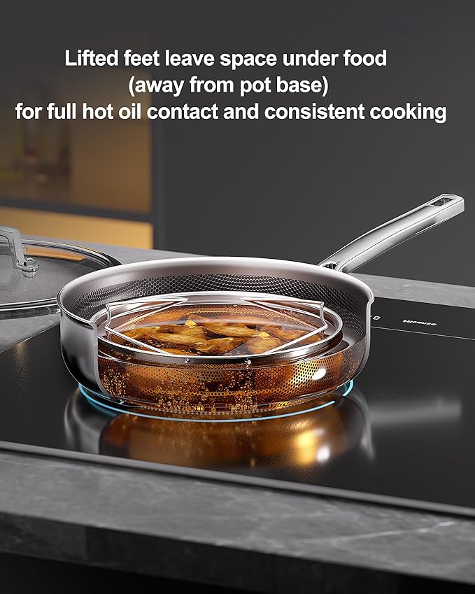 FogDream Titanium Non Stick Frying Pan, 10in Tri-Ply Stainless Steel Deep Saute Pan, All-in-One Cookware Set(Spatulas&Steamer), Stay Cool Handle, Dishwasher & Oven-Safe,Induction Compatible,Silver