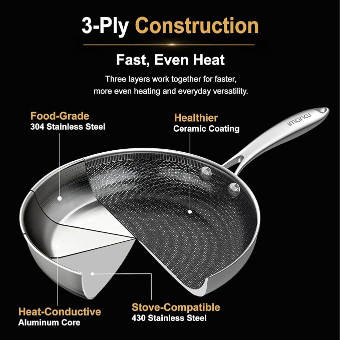imarku 10 Inch Non Stick Frying Pans, Healthy Hybrid Ceramic Frying Pans | Stainless Steel Frying Pan for Gas, Electric, and Induction, PFOA Free, Dishwasher & Oven-Safe Non Stick Skillets