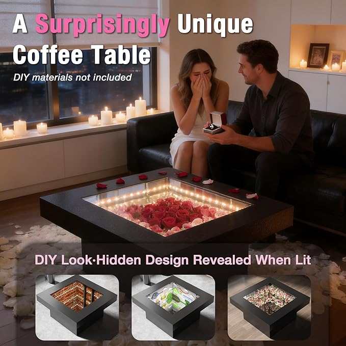 FKWin Black Coffee Table - Endless Depth Morden Square Coffee Table with LED Lights, Mirror Coffee Tables for Living Room, Tempered Glass-Top Center Tables, 31"