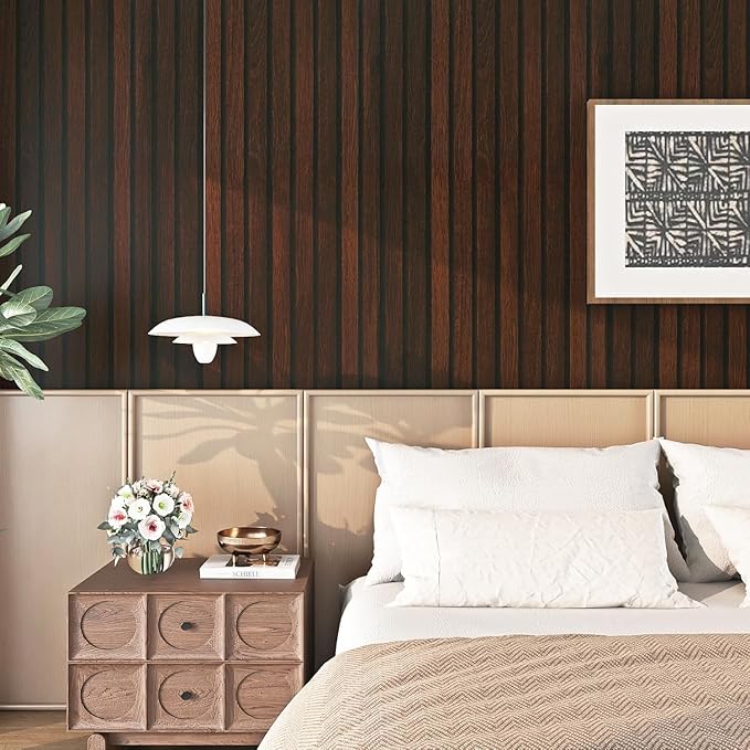 FunStick 36"x200" Dark Brown Slats Wood Peel and Stick Wallpaper Faux 3D Walnut Wood Slats Wall Paper Decor for Bedroom Bathroom Living Room Walls Shelves Removable Wood Grain Contact Paper Waterproof