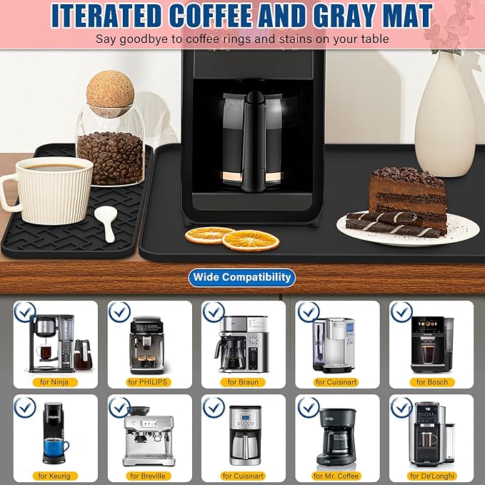Silicone Coffee Maker Mat for Coffee Bar (19" x 12"), Non-Slip Espresso Machine Mat with 0.44" Raised Edges, Waterproof Coffee Bar Accessories & Countertop Protector, Heat Resistant & Dishwasher Safe