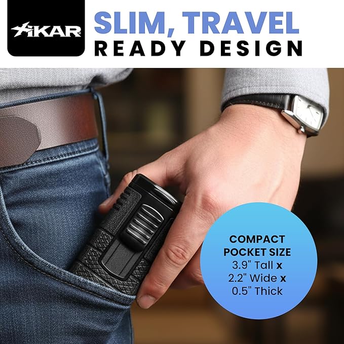XIKAR Tactical Triple Jet Butane Torch Lighter – Refillable Butane Lighter with EZ-View Fuel Window, Wind Resistant Adjustable Flame, Pocket Clip – Premium Lighter for Outdoor Use – Black