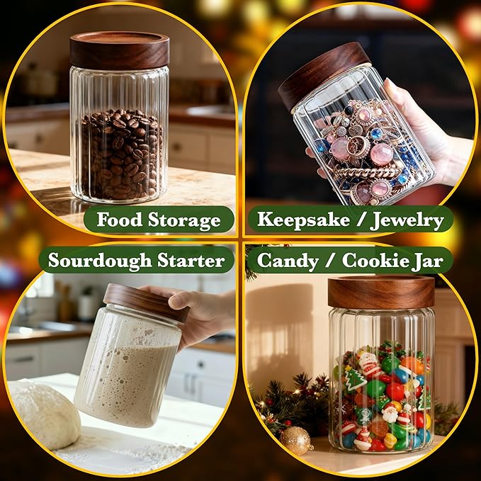 Decorative Borosilicate Glass Jar with Screw Top Airtight Wooden Lid, 28 oz/850ml Leak Resistant Food Storage Canister, Wide Mouth Container for Coffee Cookie Candy Overnight Oats Sourdough Starter
