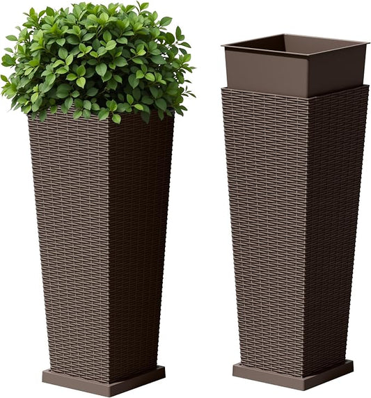 Devoko Resin Tall Planters for Outdoor Plants Set of 2, Large Taper Outdoor Planter Pots with 4 Drainage Holes, Flower Pots Modern Decor for Porch, Patio, Backyard, Garden(Brown, 32" with Trays)
