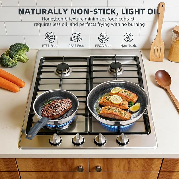 Ciwete Hybrid Non Stick Frying Pans Set 3-Piece, 8 & 9.5 Inch Tri-Ply Stainless Steel Pans Set with Detachable Handle, PFOA Free Kitchen Skillets for All Cooktops, Dishwasher & Oven-Safe Cooking Pan